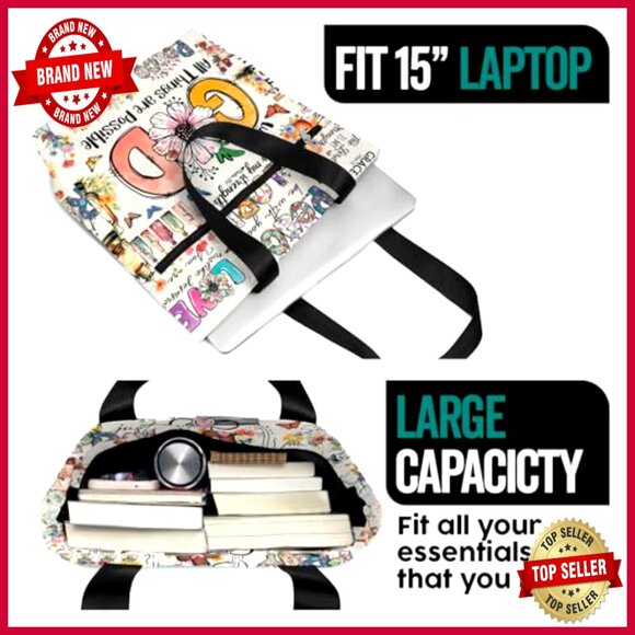 Large Waterproof Tote Bag with Zipper Pockets for Work Laptop - Picture 5 of 6